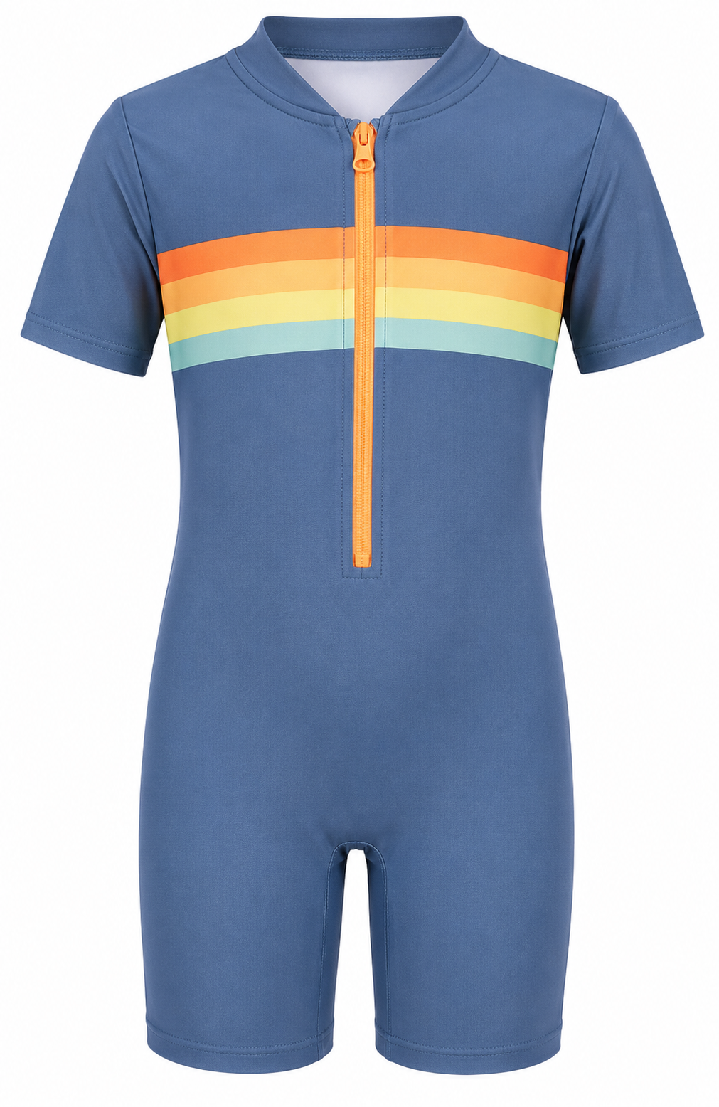 Blue short-sleeve athletic jumpsuit with colorful rainbow stripes and orange zipper down the front. /  E-Commerce Ghost Mannequin