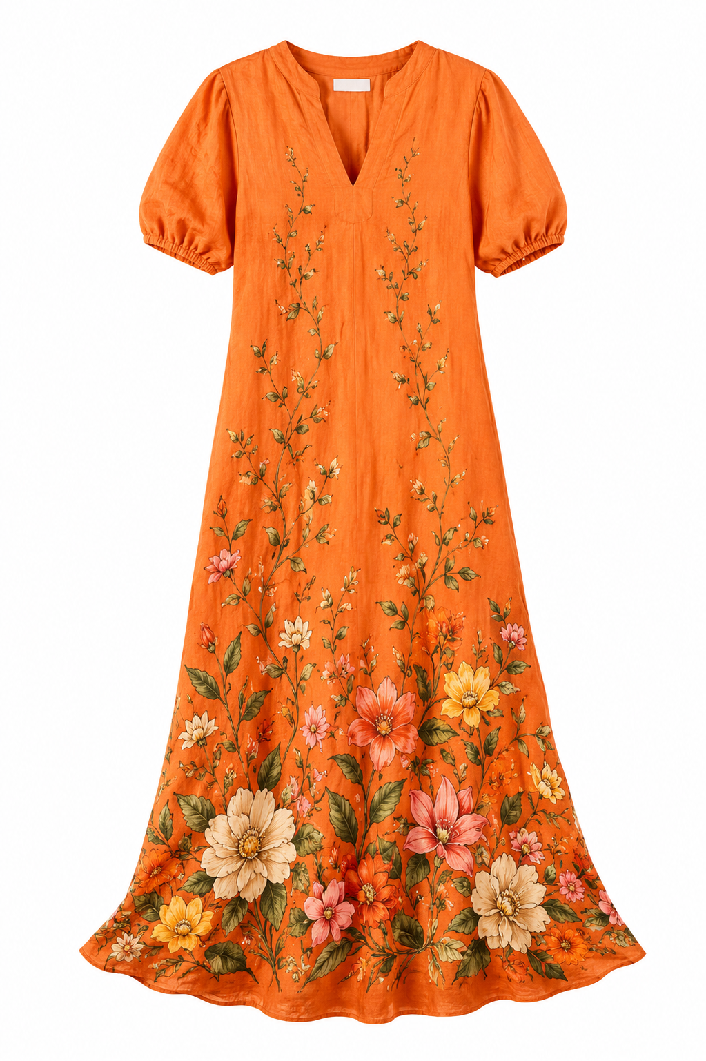 Orange long dress with embroidered floral pattern and puffed sleeves. /  E-Commerce Flat-Lay