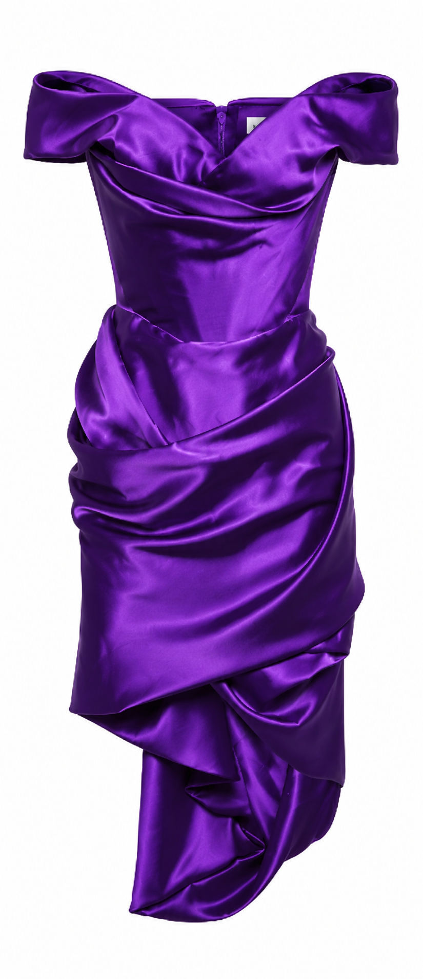 A purple satin off-the-shoulder cocktail dress with a gathered, ruched design. / E-Commerce Ghost Mannequin 