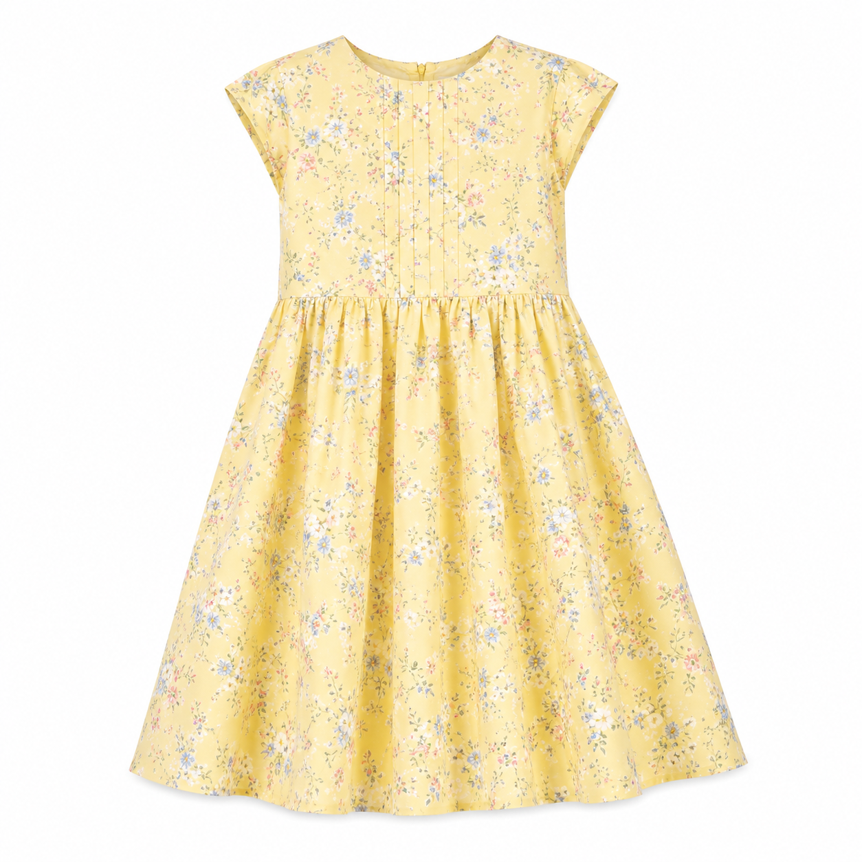 Yellow floral dress with short sleeves and a gathered waist. /  E-Commerce Flat-Lay