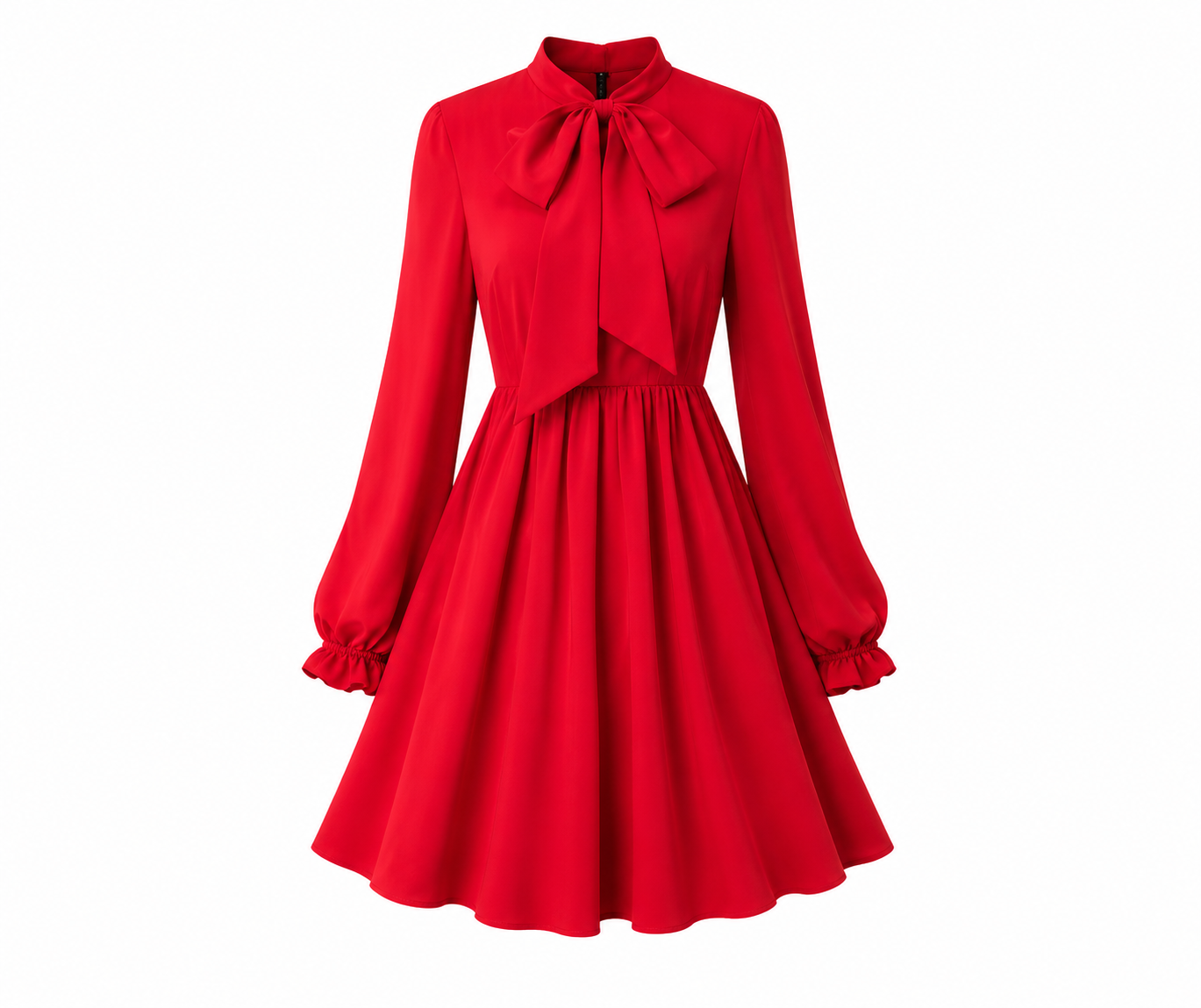 Red long-sleeve dress with a bow tie at the neck, gathered waist, and full skirt. /  E-Commerce Ghost Mannequin