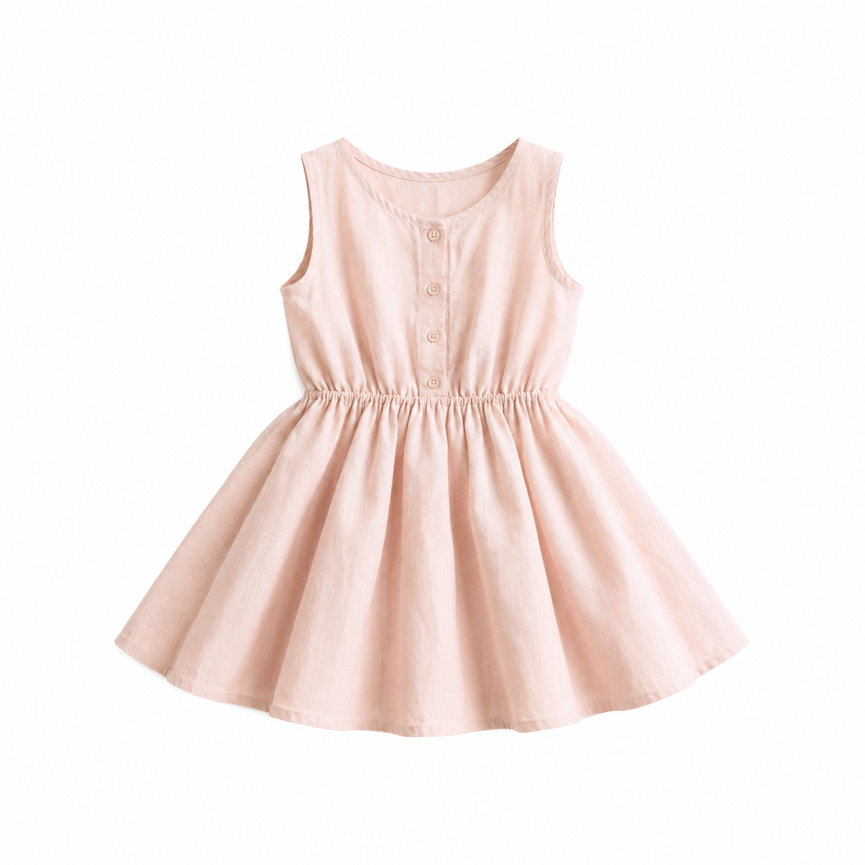 A light pink sleeveless dress with buttons in the front and a gathered skirt, isolated on a white background. / E-Commerce Flat-Lay