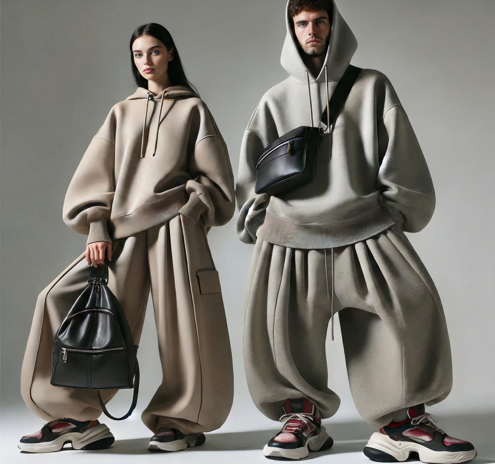Two models dressed in oversized beige and gray hoodies and baggy pants, standing against a plain background, wearing sneakers, with one holding a black handbag and the other wearing a crossbody bag.