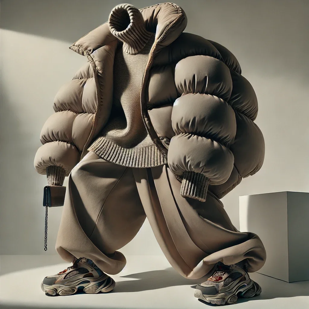 A fashion display featuring oversized, puffy, beige winter jacket, sweater, loose beige pants, sneakers, and accessories in a minimalist setting.