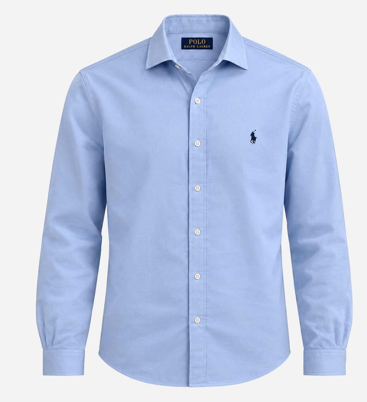 Light blue long-sleeve button-up shirt with a small navy Ralph Lauren polo logo on the left chest and a collar, displayed against a plain background. /  E-Commerce Ghost Mannequin