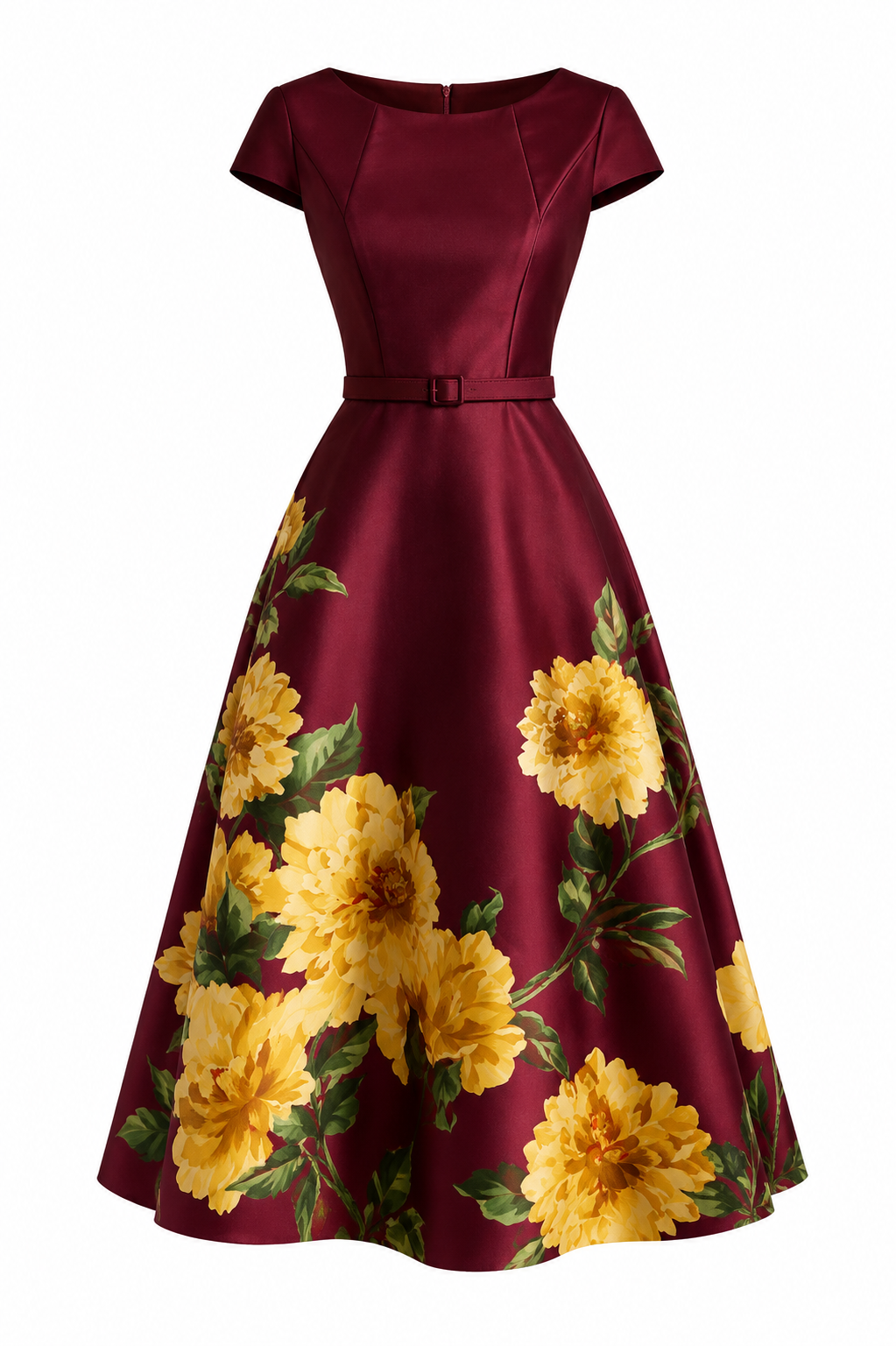 Elegant burgundy satin dress with floral pattern and cap sleeves / E-Commerce Ghost Mannequin 