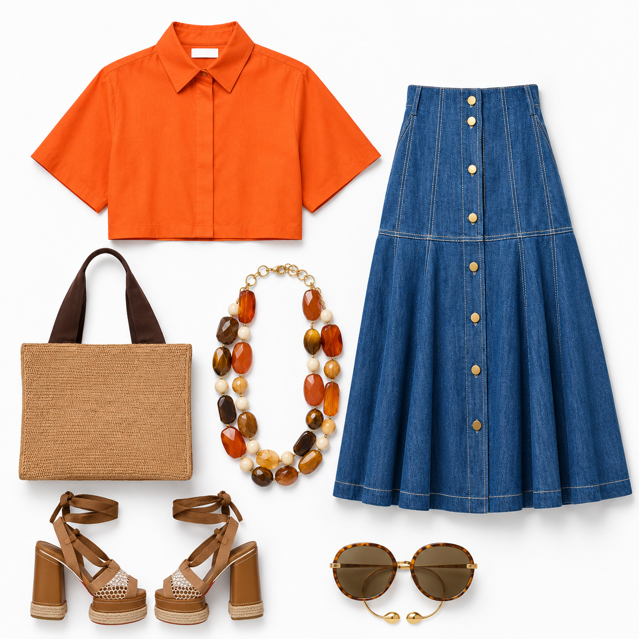 Orange cropped short-sleeve button-up shirt, high-waisted blue denim skirt with gold buttons, tan woven tote bag, multicolored statement necklace, brown platform sandals with ankle ties, tortoiseshell sunglasses