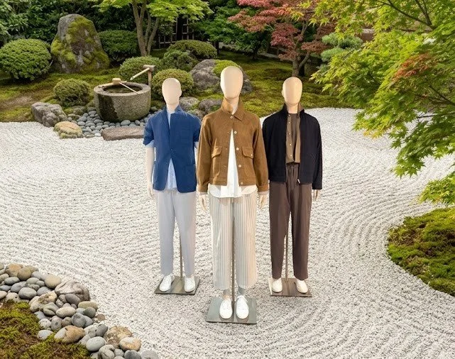 Three mannequins dressed in casual clothing on display in an outdoor Japanese-style garden with rocks, trees, and a raked gravel area.