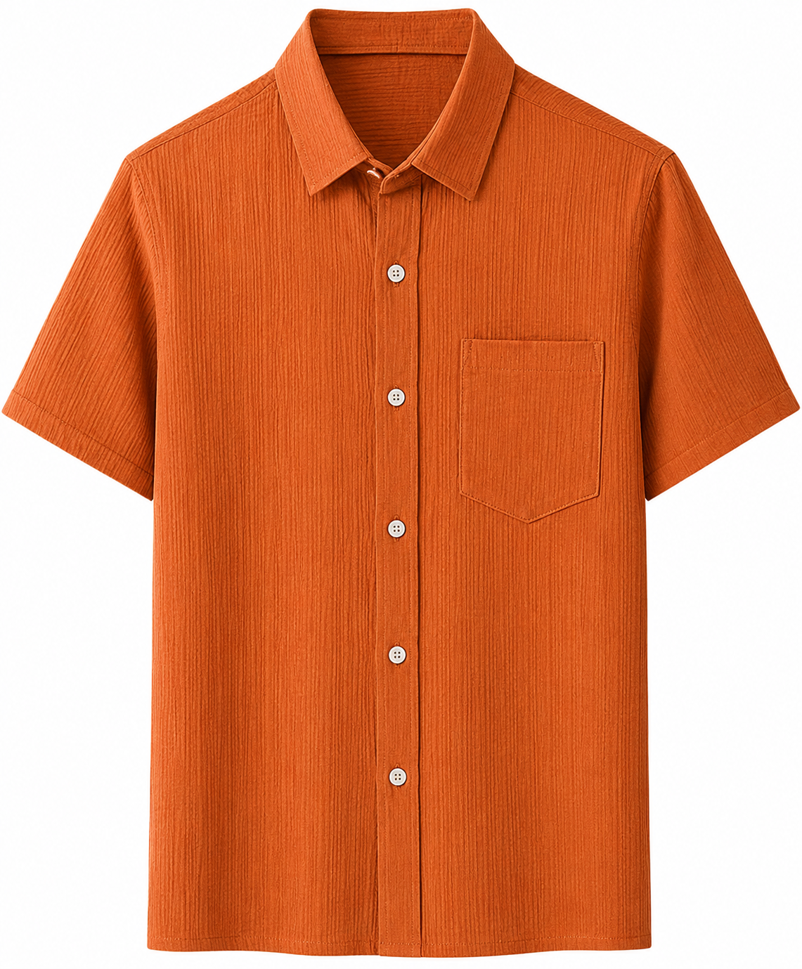 An orange short-sleeve button-up shirt with a collar and a chest pocket. /  E-Commerce Flat-Lay
