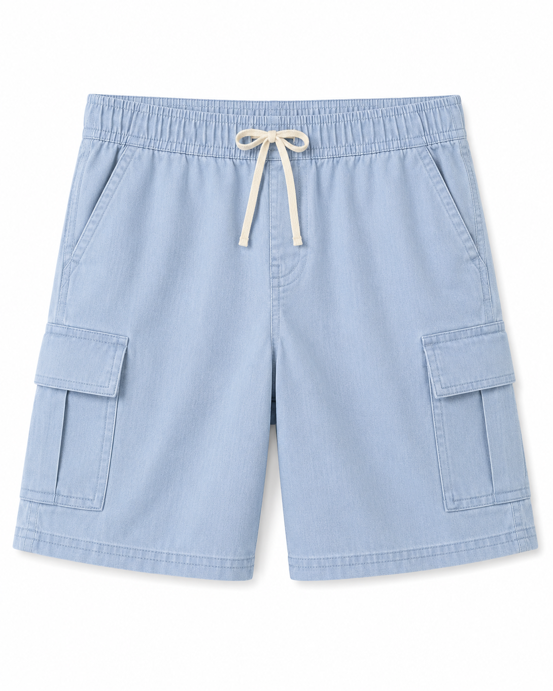 Light blue cargo shorts with front pockets, belt with drawstring, and patch pockets on the sides, displayed on a white background.  E-Commerce Flat-Lay