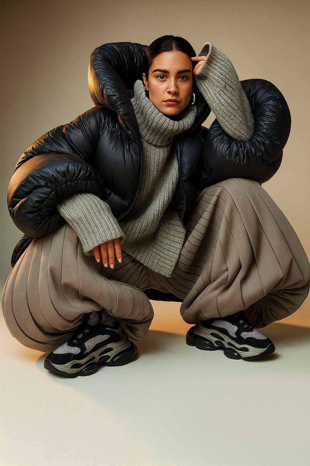 A woman crouching down, wearing a gray turtleneck sweater, black puffer jacket, beige pleated pants, and black sneakers, against a neutral background.