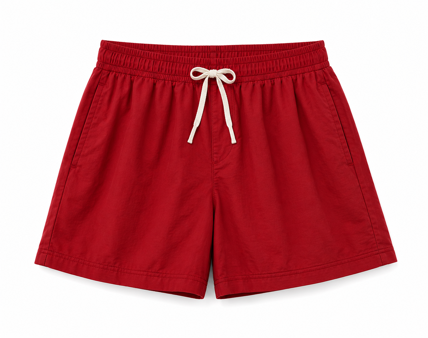 Red swim trunks with a white drawstring. /  E-Commerce Flat-Lay