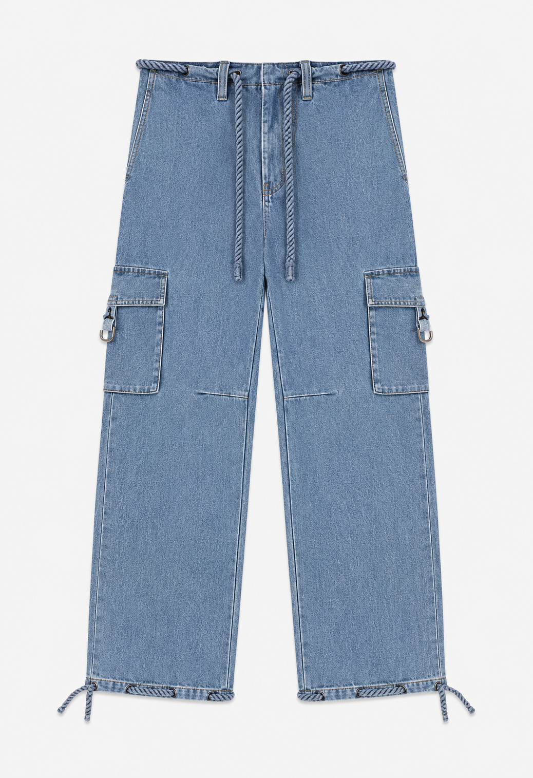 Pair of blue denim cargo pants with drawstrings and zipped cargo pockets. /  E-Commerce Flat-Lay