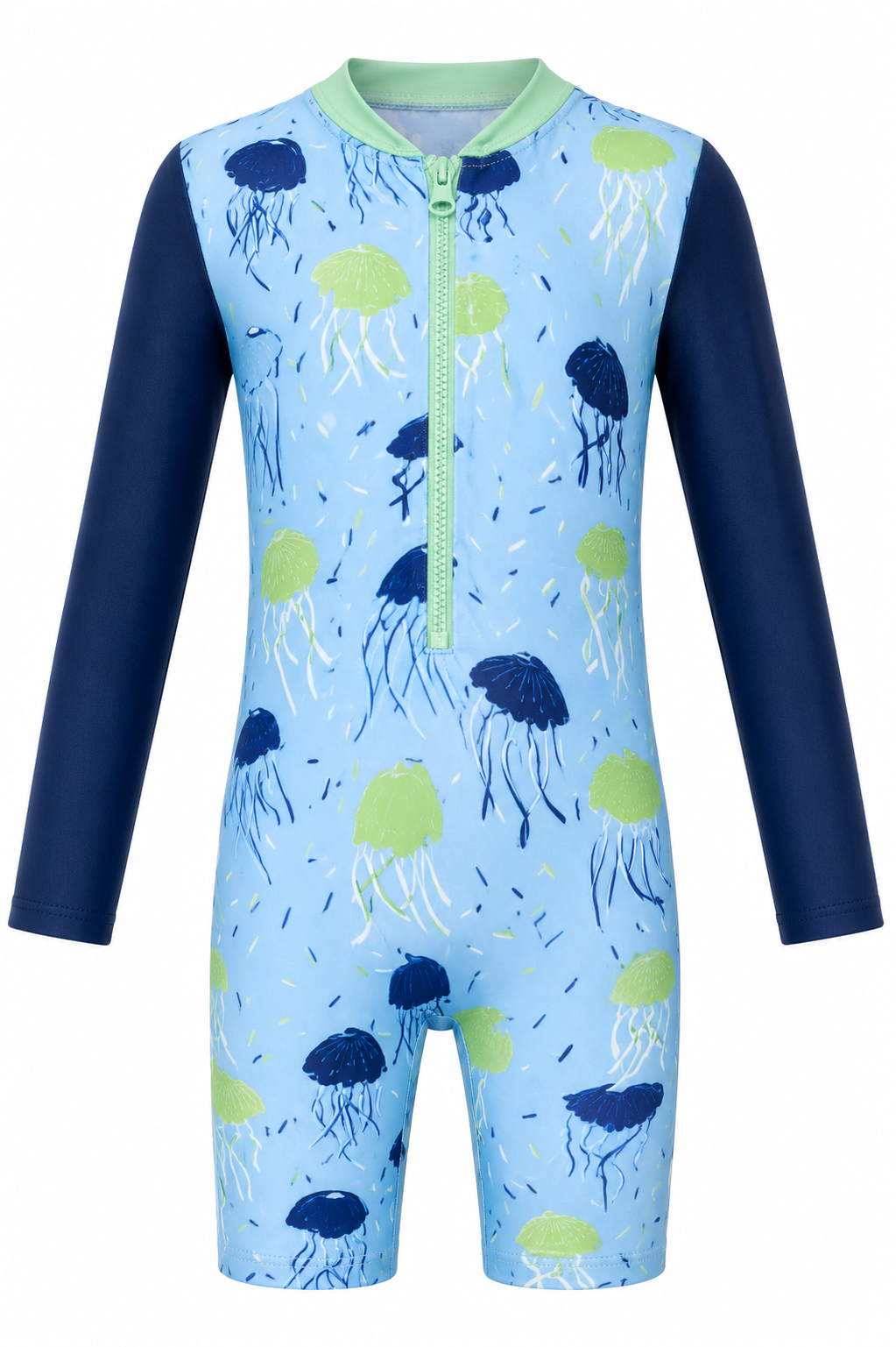 Children's zip-up wetsuit with jellyfish pattern, dark blue sleeves, light blue torso with green and blue jellyfish, light green collar. /  E-Commerce Ghost Mannequin