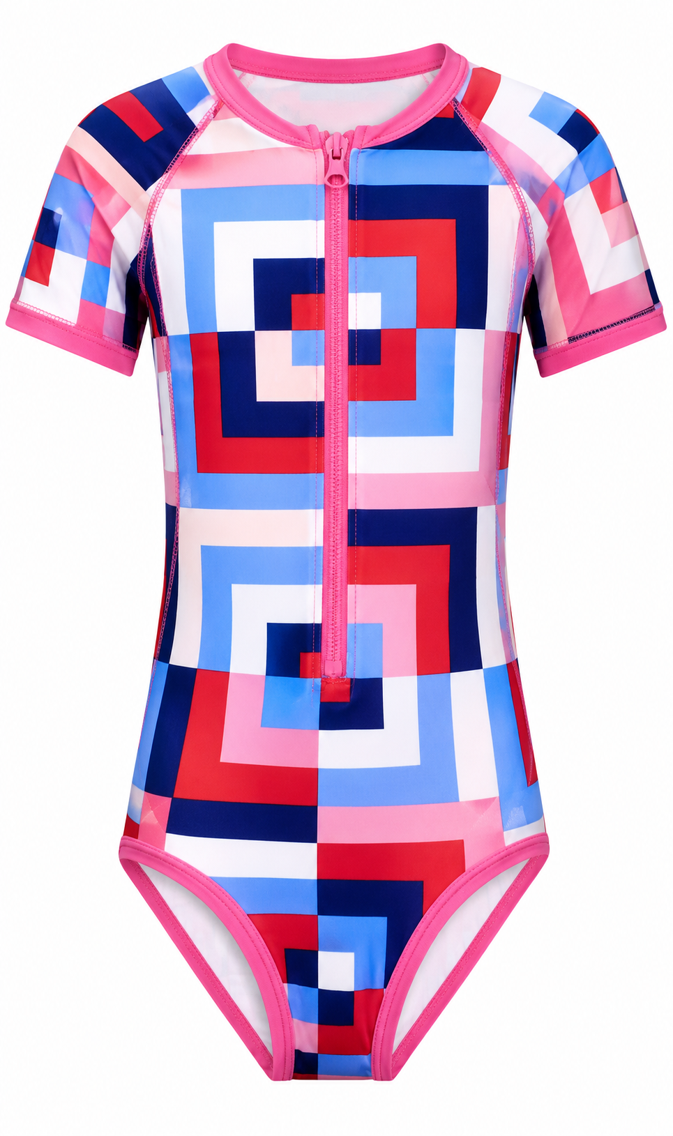 A one-piece swimsuit with a geometric pattern of red, blue, pink, white, and dark blue squares and rectangles, with a pink zipper in the front. /  E-Commerce Ghost Mannequin