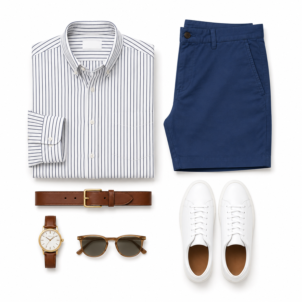 Men's outfit with a white and blue striped button-up shirt, navy shorts, brown belt, brown watch, sunglasses, and white sneakers.