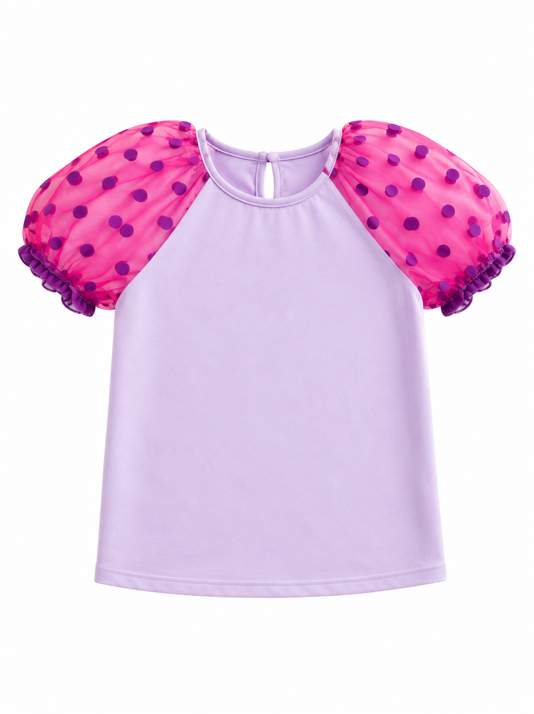 Baby girl dress with lavender body and pink puffed sleeves decorated with purple polka dots. / E-Commerce Flat-Lay