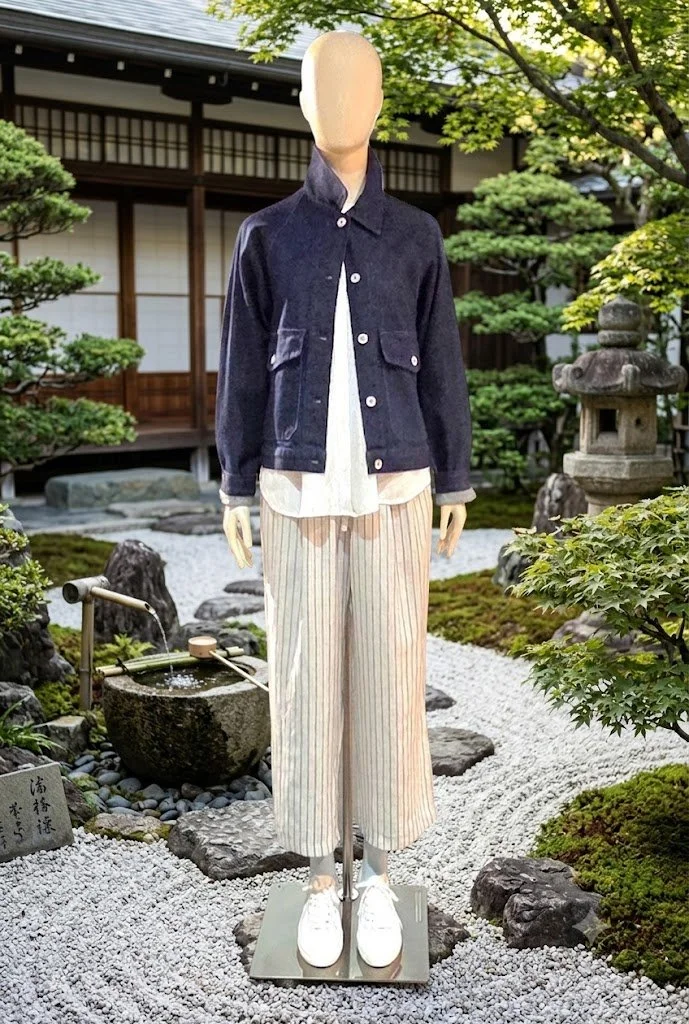 Mannequin dressed in MUJI denim jacket, white shirt, striped wide-leg pants, and white sneakers, standing in a traditional Japanese garden with rocks, moss, and greenery.