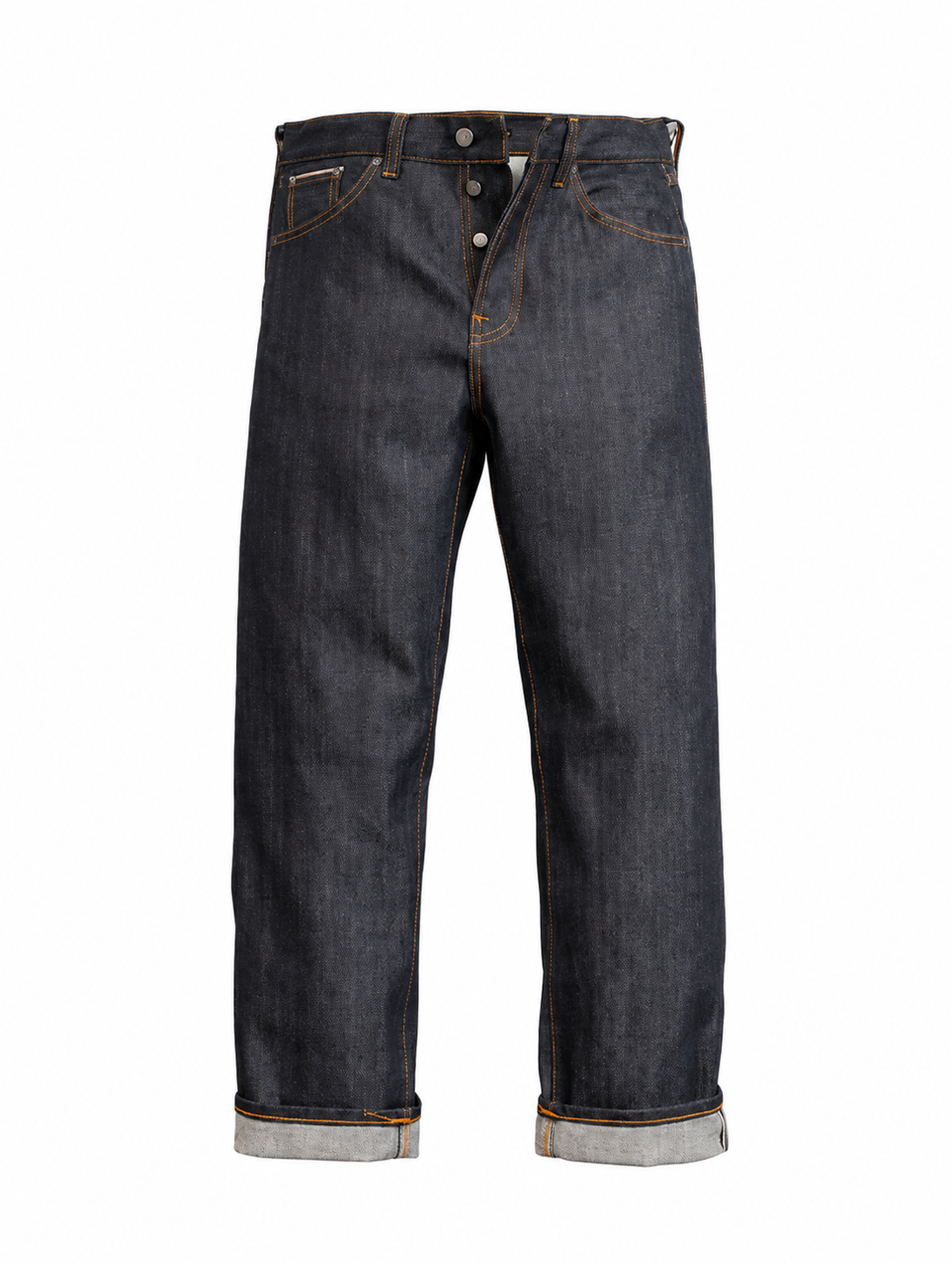 A pair of dark wash jeans with rolled-up cuffs, metal buttons, and orange stitching. /  E-Commerce Ghost Mannequin 