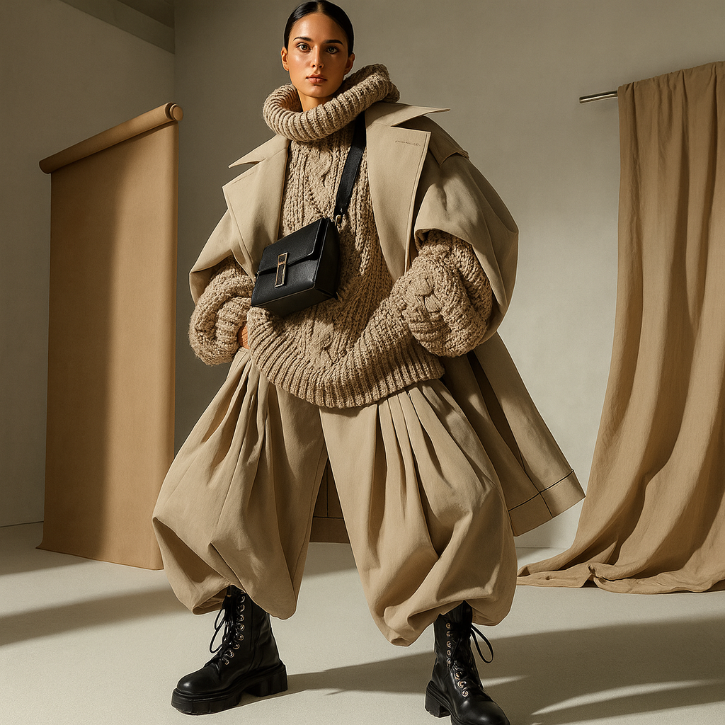 Fashion model wearing a beige layered trench coat, chunky beige turtleneck sweater, loose beige pants, black lace-up boots, and carrying a small black crossbody bag, standing in a minimalist studio setting.
