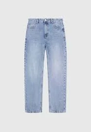 Pair of light blue denim jeans against a plain background. /  E-Commerce Flat-Lay