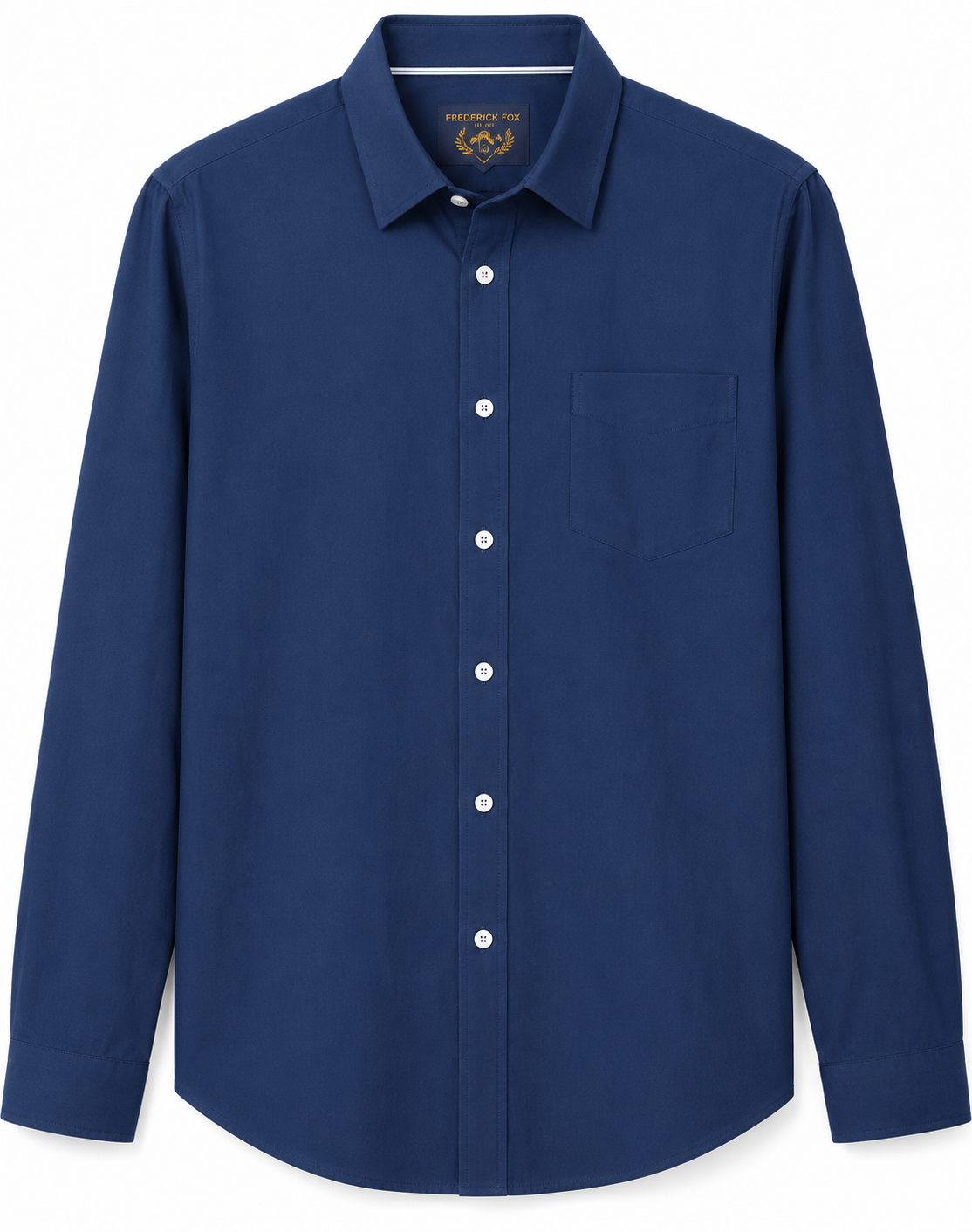 A men's long-sleeve button-up shirt in navy blue with a front chest pocket and a collar. /  E-Commerce Flat-Lay