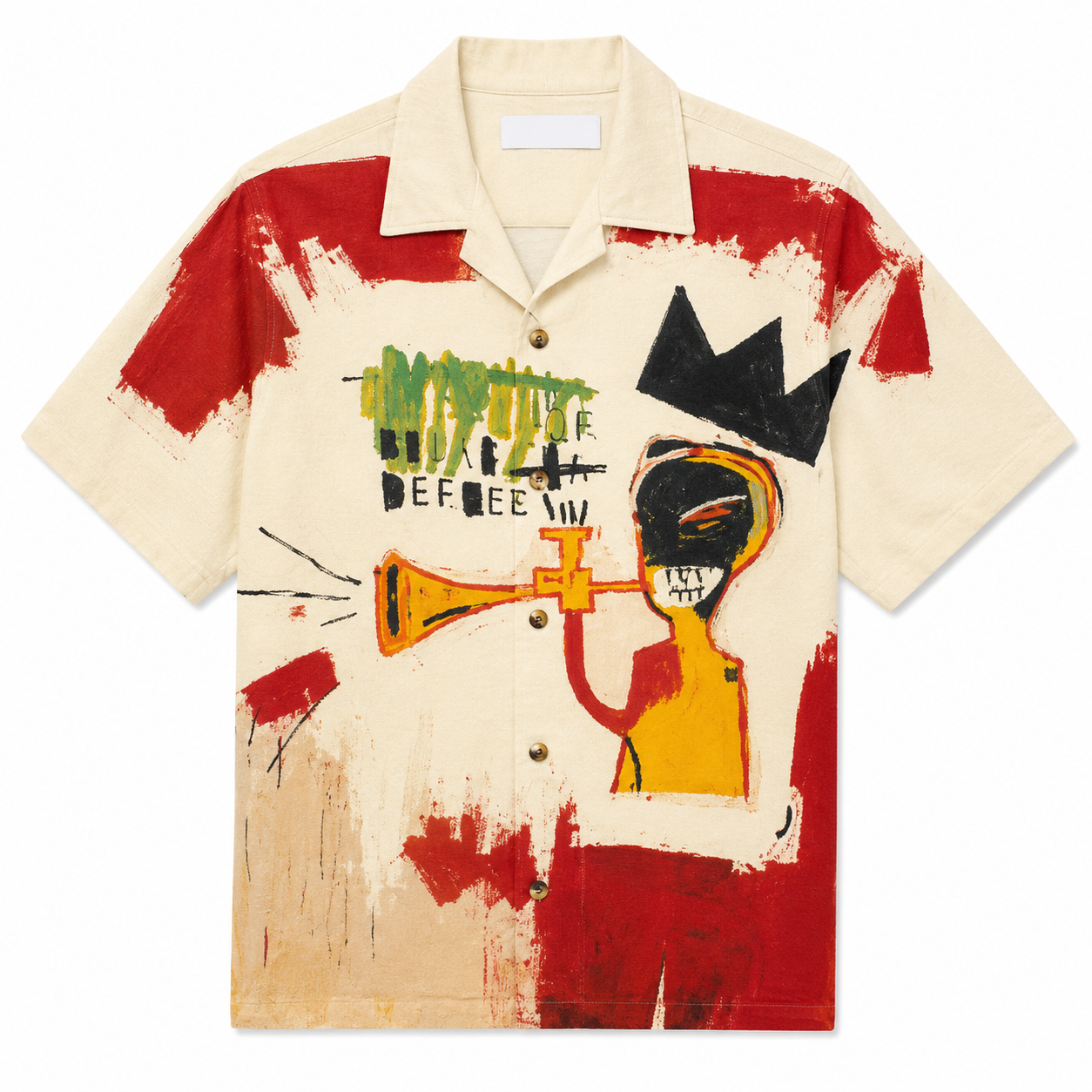 A short-sleeved, button-up shirt with an abstract, graffiti-style print including a figure with a black crown, a trumpet, and text in green, black, and red on a cream background. /  E-Commerce Flat-Lay