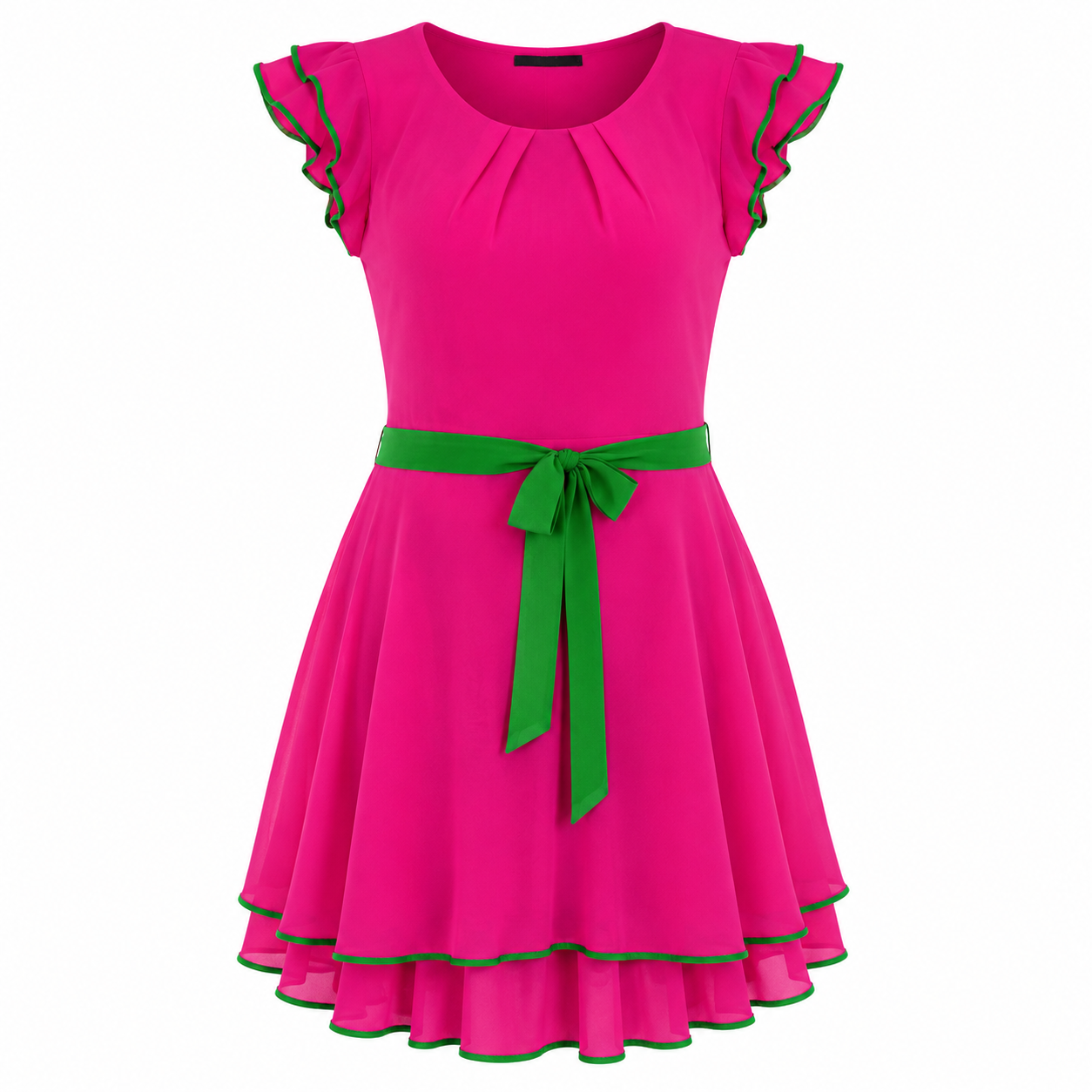 Pink dress with ruffled sleeves accented with green trim, green belt tied in a bow at the waist, and a flowy skirt with green trim at the hem. / E-Commerce Ghost Mannequin