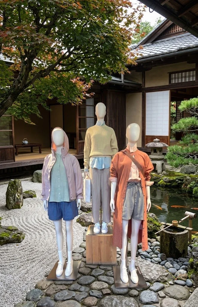 Three faceless mannequins dressed in casual outfits displayed outdoors in a traditional Japanese garden with a pond, rocks, and a wooden building. One mannequin wears a pastel pink jacket and blue shorts, another a yellow sweater with layered shirt a