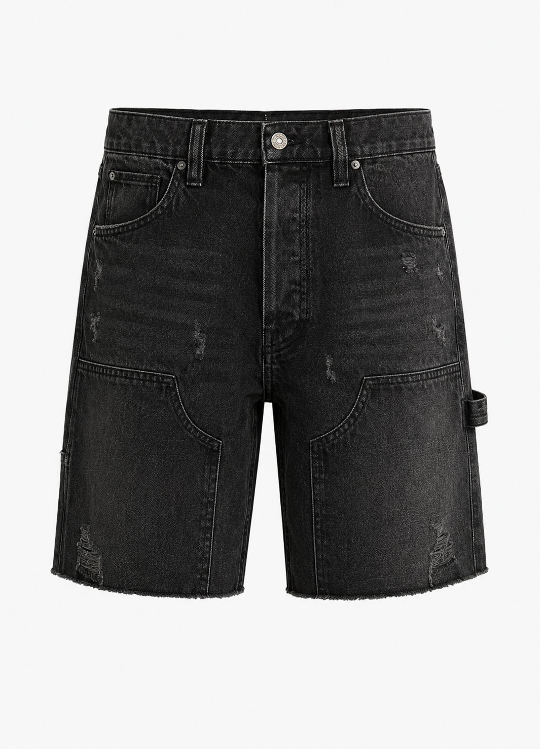 Black denim shorts with distressed details and cargo pockets. /  E-Commerce Ghost Mannequin 