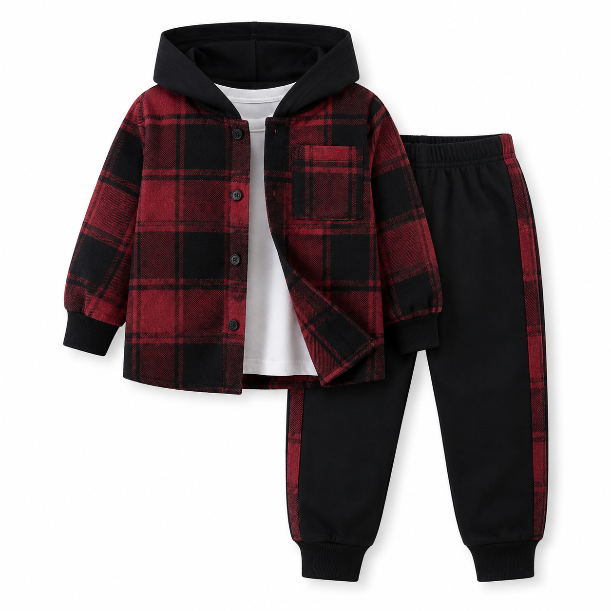 Kid's outfit includes a red and black plaid jacket with a hood, a white shirt underneath, and black pants with red plaid accents. /  E-Commerce Flat-Lay