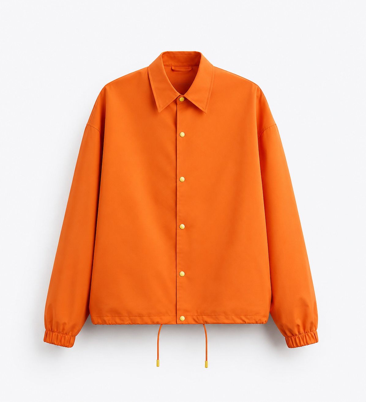 An orange jacket with a collared neckline, long sleeves with elastic cuffs, and gold snaps down the front, hanging against a white background. / E-Commerce Flat-Lay