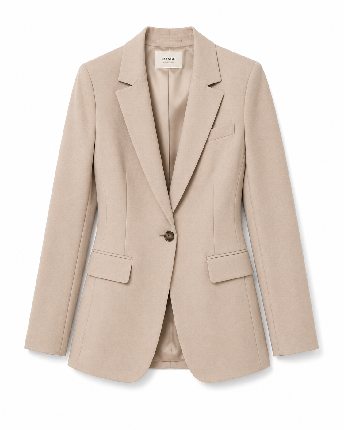 Beige women's blazer jacket with lapels, single button closure, and flap pockets. / E-Commerce Ghost Mannequin 