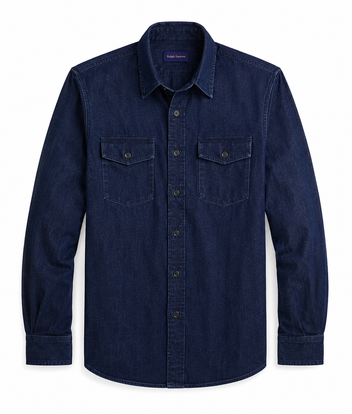 Dark blue denim button-up shirt with two chest pockets, long sleeves, and a collar. /  E-Commerce Flat-Lay