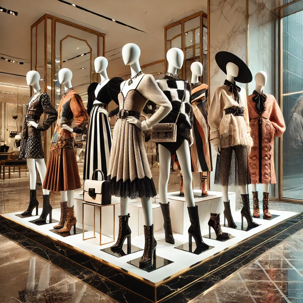 Display of mannequins dressed in fashionable women's clothing and accessories in a retail store window.