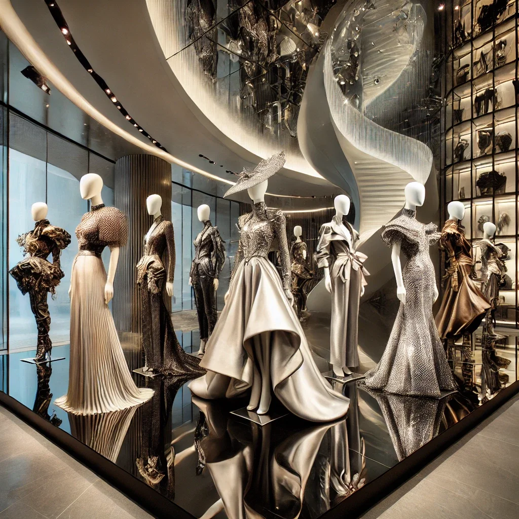 Luxury fashion boutique display featuring mannequins dressed in elegant, shimmering gowns and suits in a modern, stylish setting with a reflective black floor and curved architectural elements.