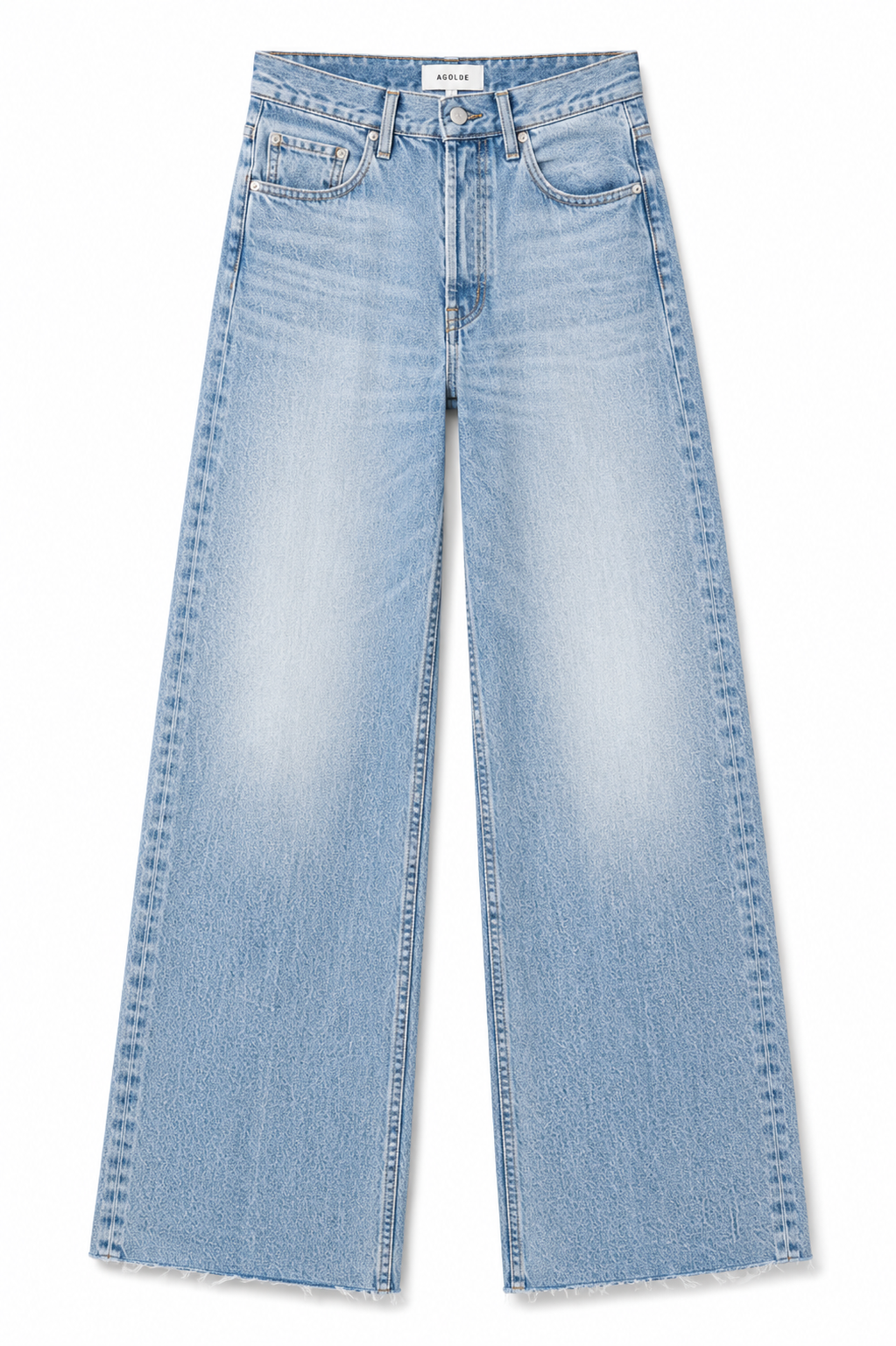 Light blue wide-leg denim jeans with high waist and front pockets. / E-Commerce Flat-Lay