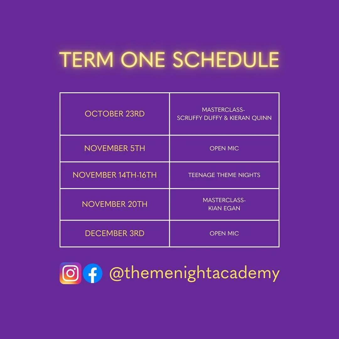Get out your diary 📔

There&rsquo;s so much to look forward to between now and Christmas at the Theme Night Academy - from Open Mics, to masterclasses, to our very first Teenage Theme Nights of the year 🔥

Make sure to take note of the dates above 