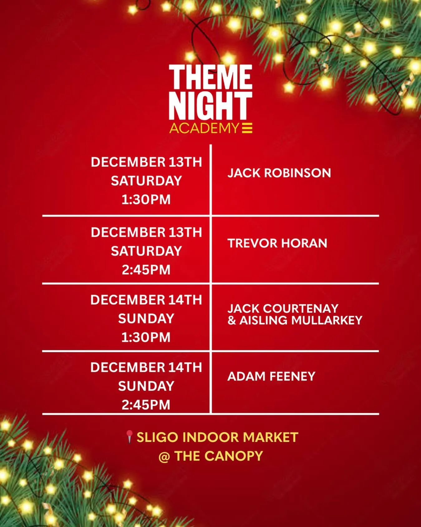 SPREADING SOME CHRISTMAS CHEER 😄

The Theme Night Academy are delighted to team up with @sligoindoormarket &amp; @thecanopysligo to bring some festive tunes to Sligo Town over the next couple of weeks 🎄

Stop by and show your support for some of ou