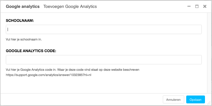 Vul de schoolnaam in en de Google Analytics Code