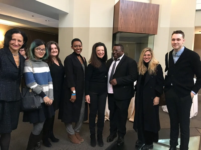 OCAD University President Dr. Sara Diamond, with students Yuling Chen, Aylan Couchie and leaf jerlefia, Carol Weinbaum, Isaac Julien, students Justyna Werbel and Aaron Moore. Photo by Jamie McMillan
