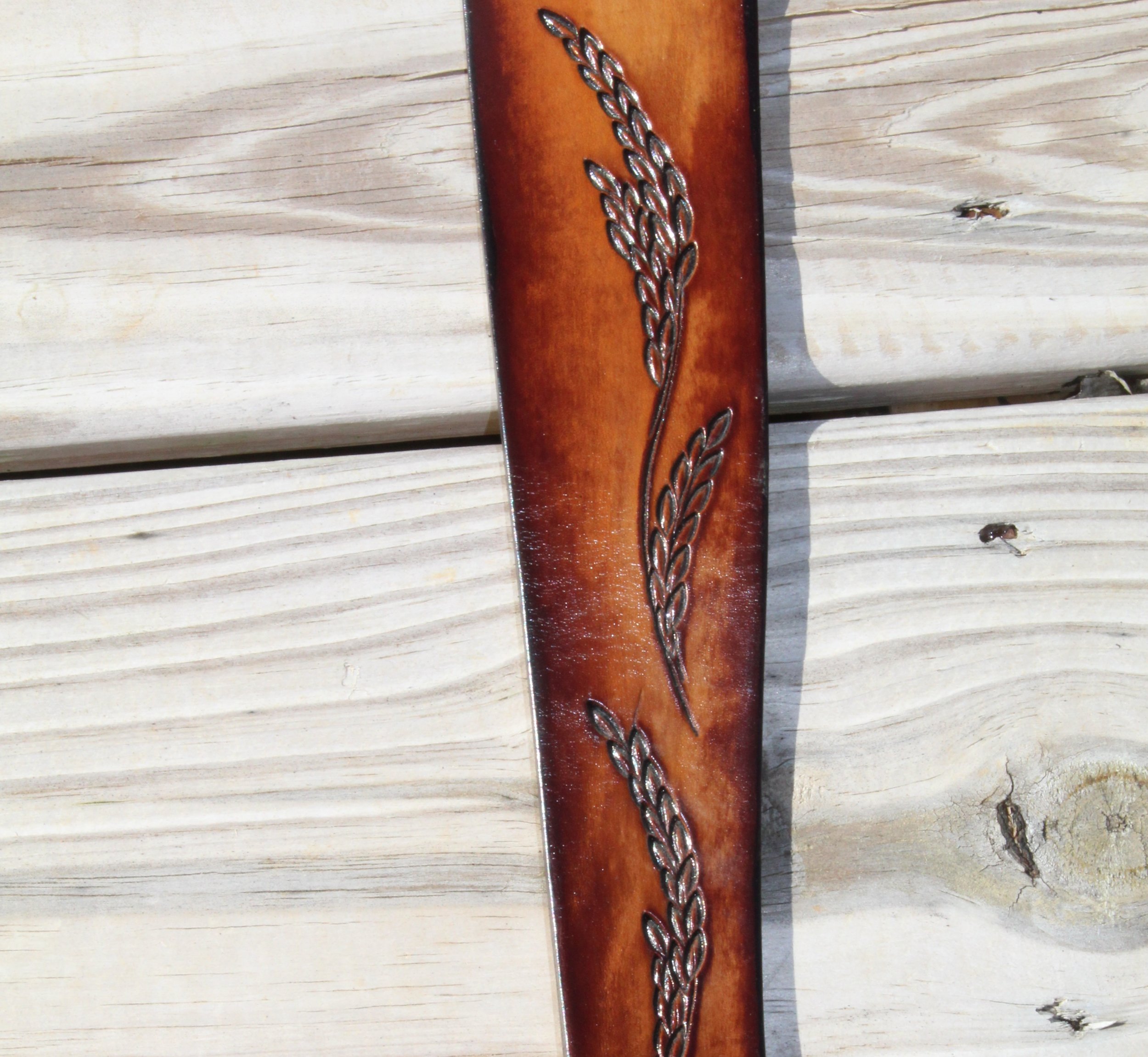 CVM-04 Dark Brown Leather Guitar Strap with Hand Tooled Feather and Texas Star Design