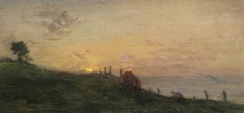 ADOLPHE FÉLIX CALS Soleil couchant sur la falaise; Honfleur Oil on canvas 6¼ x 13 inches (16 x 33 cm) SOLD