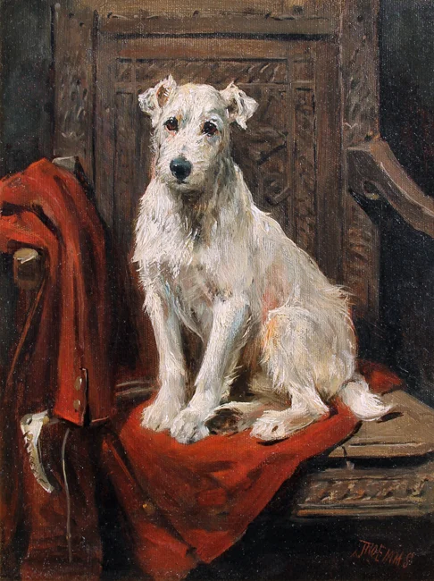 JOHN EMMS "Lord Edward" Seated on His Master's Coat Oil on canvas 13¾ x 10¼ inches (35 x 26 cm) SOLD