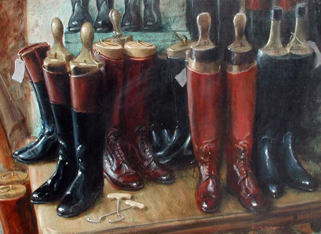 HENRY KOEHLER Boot Maker's Shop Corner Oil on canvas 18 x 24 inches (45.7 x 60.0 cm.) SOLD