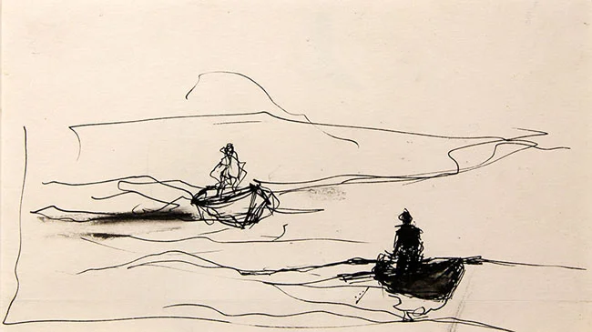 ANDREW WYETH Hunters in Boats, Maine Pen and ink on paper Sight: 4¼ x 8¼ inches (12 x 21 cm.); sheet 4½ x 8¾ inches (11.5 x 22.2 cm.) SOLD