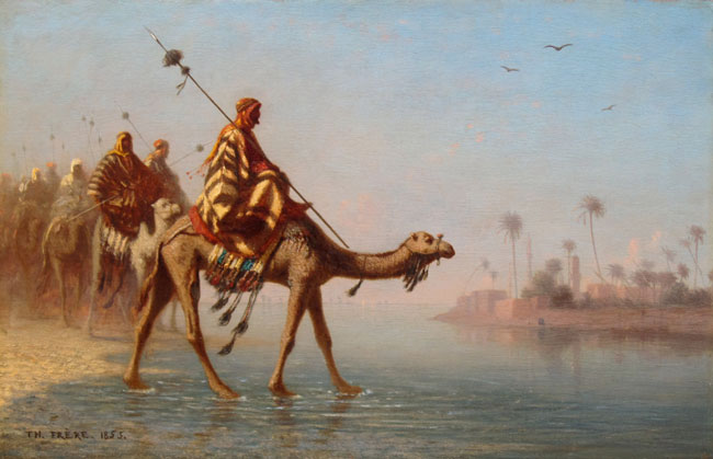 CHARLES THÉODORE FRERE Caravan in the Desert Oil on panel 9 x 14 inches (22.8 x 35.5 cm) SOLD