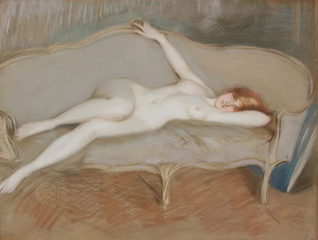 PAUL CÉSAR HELLEU Nue allongé sur un canapé – Sonia Speranza Pastel on paper laid down on canvas 29 x 36½ inches (73.5 x 92.5 cm) SOLD