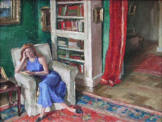 RICHARD COMBES Catharine Reading (1995) Oil on canvas 18 x 24 inches (45.7 x 61 cm) SOLD