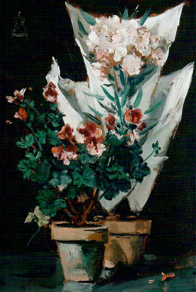 ALFRED STEVENS Still Life with Potted Geraniums Oil on panel 5¾ x 4 inches (14.6 x 10 cm) SOLD